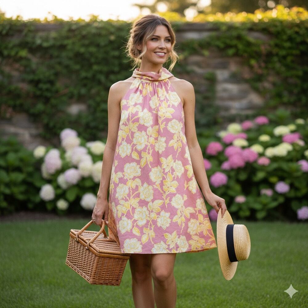 LaRoque Originals Pink Yellow Floral Halter Trapeze Mini‎ Dress Preppy Sz Small